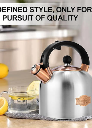 SUSTEAS Tea Kettle - 3.17QT Whistling Kettle with Ergonomic Handle - Premium Stainless Steel Tea Pots for Stove Top, Chic Vintage Teapot with Composite Base, Work for All Stovetops (Silver)