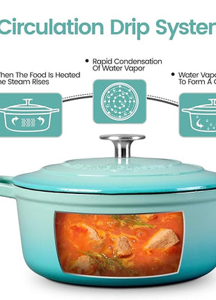 Enameled Cast Iron Covered 5.5 Quart Dutch Oven with Dual Handle for Bread Baking, Dutch Ovens with Lid, Peacock Blue