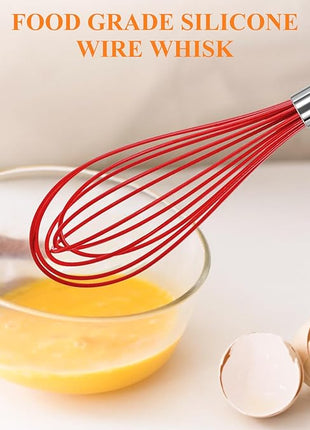 NileHome Whisk Commercial Stainless Steel wisk & Silicone Non-Stick Coated Small Whisk Set 8" 10" 12" Kitchen Wisk Wire Whisks for Cooking 3 Pack, Red