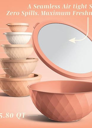 COOK WITH COLOR Mixing Bowls with Lids - 12 Piece Plastic Nesting Bowls Set includes 6 Prep Bowls and 6 Lids, Diamond Design - Microwave Safe, Orange