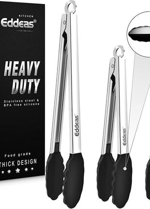 Kitchen Tongs with Silicone Tips, Heat Resistant 600 Degrees All Metal handle Locking Tongs For Cooking with Rubber Tips, Heavy Duty Stainless steel Food Tongs, Set of 3-7" 9" & 12" Black