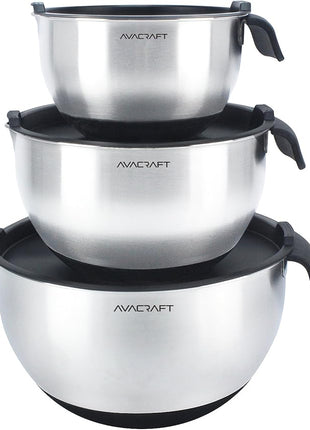 AVACRAFT 18/10 Stainless Steel Mixing Bowls with Lids, non slip silicone base bowls with Handle, Mixing Bowl Set with Pour Spouts & Measurement Marks, Home Essentials Cooking Bowls, (Black)
