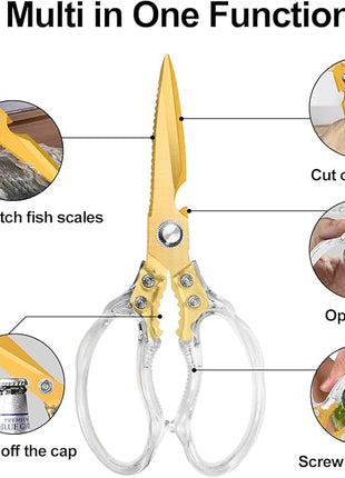 CGBE Kitchen Scissors, Multi-Purpose Kitchen Shears, Heavy Duty Dishwasher Safe Food Scissors for Chicken, Poultry, Fish, Meat & Herbs with Non-Slip Grips - Transparent Gold