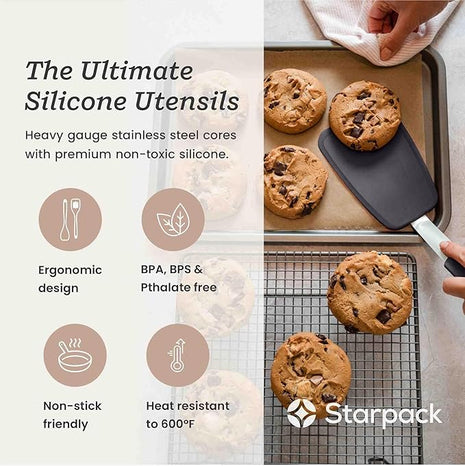 StarPack Premium Flexible Large Silicone Turner Spatula - High Heat Resistant to 600°F, Hygienic One Piece Design, Non Stick Rubber Kitchen Utensil for Fish, Eggs, Pancakes & Cookies (Stormy Grey)