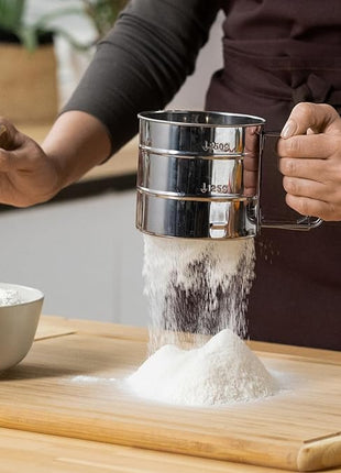 Flour Sifter, Stainless Steel Sifter for Baking, Double Layer Fine Mesh Baking Sifter, One Hand Press Crank Sifter for Powdered Sugar Shaker Duster, Flour Sieve Sifter for Baking Cakes Rondauno