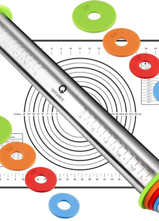 Rolling Pin and Pastry Baking Mat Set, Rolling Pins with Adjustable Thickness Rings, Stainless Steel Dough Roller for Baking Fondant, Pizza, Pie, Pastry, Pasta, Cookies (Black Mat)