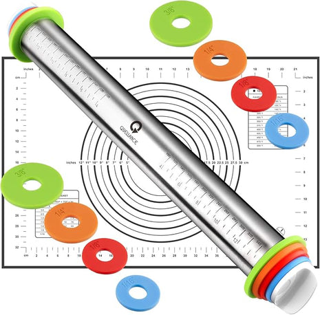 Rolling Pin and Pastry Baking Mat Set, Rolling Pins with Adjustable Thickness Rings, Stainless Steel Dough Roller for Baking Fondant, Pizza, Pie, Pastry, Pasta, Cookies (Black Mat)