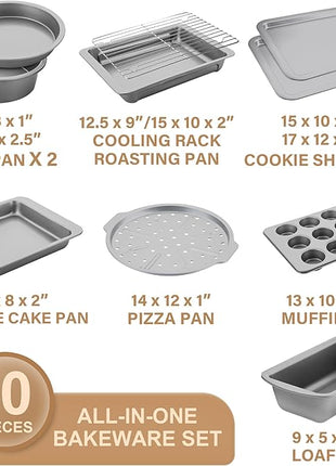 HONGBAKE Bakeware Sets, Baking Pans Set, Nonstick Oven Pan for Kitchen with Wider Grips, 10-Piece Including Rack, Cookie Sheet, Cake Pans, Loaf Pan, Muffin Pan, Pizza Pan - Sliver