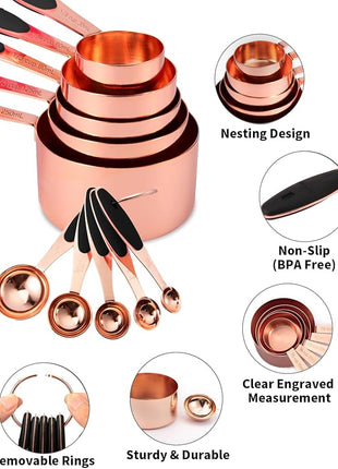 Joyhill Copper Measuring Cups and Spoons Set of 10 Piece, Stainless Steel Nesting Measuring Cup Set with Soft Touch Silicone Handles for Dry and Liquid Ingredients