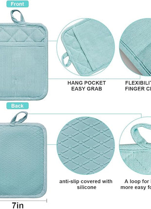 Pot Holders Yarn-Dyed Set of 3 Non Slip Silicone Kitchen Lines Heat Resistant 500℉ Kitchen Gloves BBQ Cooking Baking Cooking Barbecue Microwave Machine Washable (Light Blue Potholders)