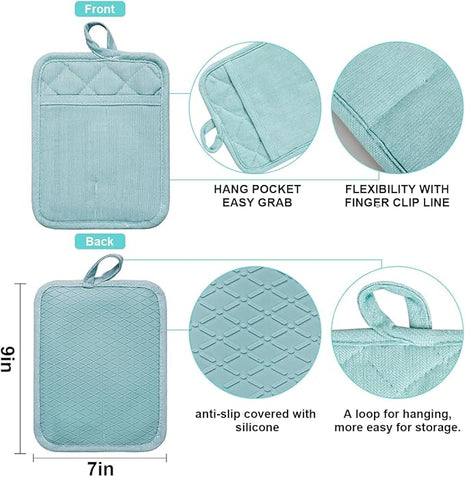 Pot Holders Yarn-Dyed Set of 3 Non Slip Silicone Kitchen Lines Heat Resistant 500℉ Kitchen Gloves BBQ Cooking Baking Cooking Barbecue Microwave Machine Washable (Light Blue Potholders)