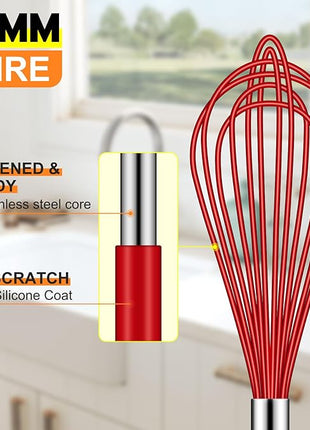 HOTEC 4 Pieces Silicone Whisks Set, Wire Balloon Whisks Egg Beater, Non-slip Handle Whisk for Non-stick Cookware Perfect for Cooking, Stirring, Beating and Blending (Red)