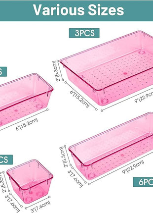 WOWBOX 25 PCS Plastic Drawer Organizer Set, 4 Sizes Desk Drawer Divider Organizers and Storage Bins for Makeup, Jewelry, Gadgets for Kitchen, Bedroom, Bathroom, Office, Clear Pink