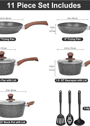 Granite Pots and Pans Set Non Stick, 11 Piece Die-Cast Induction Cookware Set, Nonstick Kitchen Cooking Set w/Frying Pans & Saucepans, PFOA Free