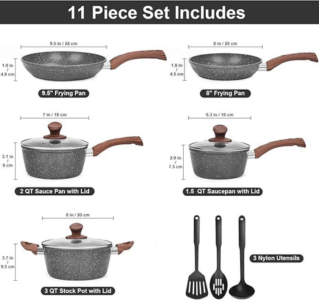 Granite Pots and Pans Set Non Stick, 11 Piece Die-Cast Induction Cookware Set, Nonstick Kitchen Cooking Set w/Frying Pans & Saucepans, PFOA Free