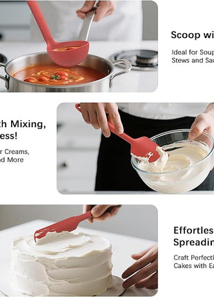Coukre Silicone Kitchen Cooking Utensils Set with Holder – Heat-Resistant, Food-Grade Kitchen Tools, Spatula, Spoon & Gadgets for Non-Stick Pans, Dishwasher Safe (14, PureRed)