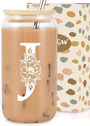 Coolife Initial Glass Cup, Monogrammed Gifts for Women, 16 oz Glass Cups w/Lids Straws, Iced Coffee Smoothie Beer Tumbler w/Straw Lid - Personalized Christmas, Birthday Gifts for Her Mom Friend Woman