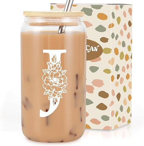 Coolife Initial Glass Cup, Monogrammed Gifts for Women, 16 oz Glass Cups w/Lids Straws, Iced Coffee Smoothie Beer Tumbler w/Straw Lid - Personalized Christmas, Birthday Gifts for Her Mom Friend Woman