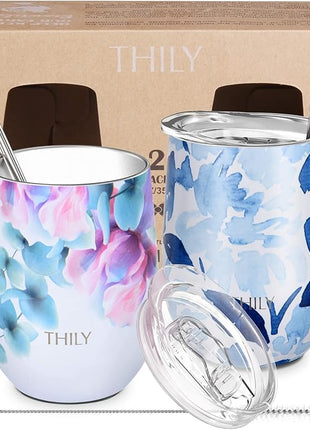 THILY Vacuum Insulated Stemless Wine Tumbler 12 oz Stainless Steel Wine Glass with Lid and Straw, Keep Drinks Cold or Hot, Christmas Birthday Gift, 2 Pack(Pink Lilies + Blue Maple)