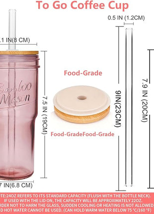 ANOTION Glass Cups with Lids and Straws, 24oz Pink Glass Tumbler Travel Coffee Mug Bamboo Mason Jar Iced Cup Smoothie Tea Clear Cute Water Drinking Jars Glasses
