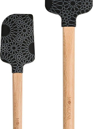 Silicone Spatula set of 2 with wooden handle and stunning pattern (Black)