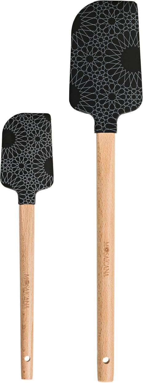 Silicone Spatula set of 2 with wooden handle and stunning pattern (Black)