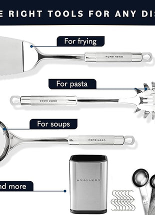 Home Hero 32-Piece Stainless Steel Kitchen Utensil Set - Heat-Resistant Nonstick Silicone Tools - Durable Stainless Steel Cooking Tools - Measuring Cups & Spoons with Holder - 32 Pc, Silver