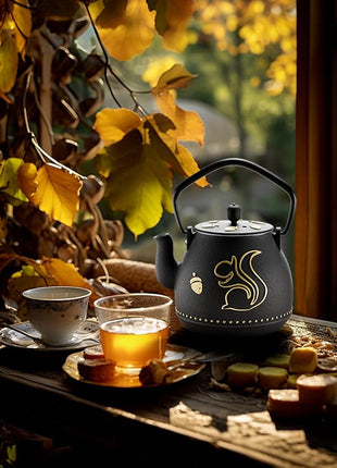 Toptier Teapot with Removable Infuser, Cast Iron Tea Kettle Stovetop Safe, Squirrel Design Tea Pot Coated with Enameled Interior for 32 Ounce (950 ml), Black