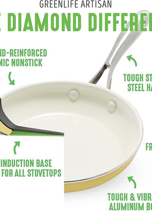 GreenLife Artisan Healthy Ceramic Nonstick, 8" and 10" Frying Pan Skillet Set, Stainless Steel Handle, Induction, PFAS-Free, Dishwasher Safe, Oven Safe, Yellow