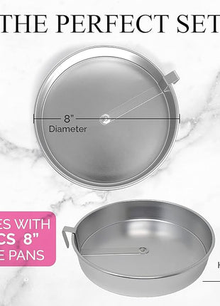Aunt Shannon's Kitchen 8 Inch Round Cake Pans, 3 Pack, Silver Cake Pan with a Built-in Swivel Blade, Easy Release Cake Pans Set for Baking, Baking Pans Set for 3-Layer Cake, Dishwasher Safe