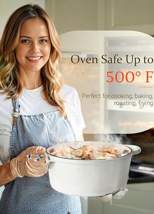 Overmont Enameled Cast Iron Dutch Oven - 5.5QT Pot with Lid Cookbook & Cotton Potholders - Heavy-Duty Cookware for Braising, Stews, Roasting, Bread Baking Pearl White