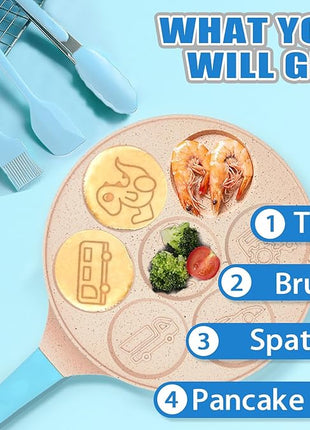 Dinosaur 7-Cup Egg Pan Omelet Pans Pancake Pan for Kids Nonstick Egg Cooker Cars Trucks Pancake Mold Egg Mold for Breakfast Sandwiches Hamburger