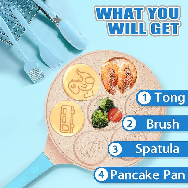 Dinosaur 7-Cup Egg Pan Omelet Pans Pancake Pan for Kids Nonstick Egg Cooker Cars Trucks Pancake Mold Egg Mold for Breakfast Sandwiches Hamburger