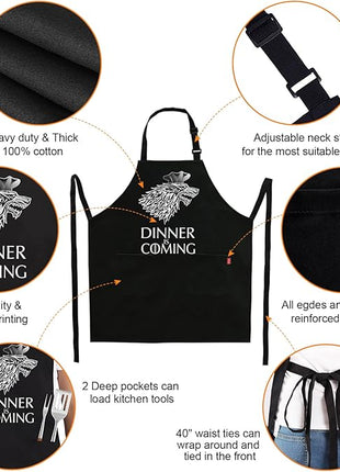 Grill Aprons for Men Women, Dinner is Coming Kitchen Chef Apron with 2 Pockets and 40" Long Ties, Adjustable Bib Apron for Cooking, BBQ, Baking, Gardening, Black
