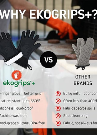 Ekogrips+ Premium Silicone Oven Mitts - Comfy, Waterproof, Heat Resistant BBQ Gloves for Grilling, Long Cuff for Added Protection, 5 Finger Dexterity, 3 Sizes, 4 Colors, S/M, Black