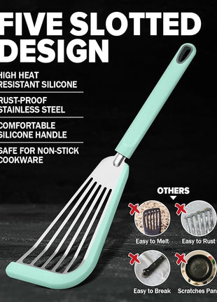 Silicone Fish Spatula Turner Set of 2, Thin Slotted Spatulas Turner for Nonstick Cookware,Heat Resistant Flexible Stainless Steel Kitchen Cooking Spatula Flipper for Fish, Egg, Pancake (RGN)