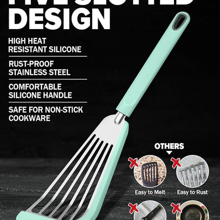 Silicone Fish Spatula Turner Set of 2, Thin Slotted Spatulas Turner for Nonstick Cookware,Heat Resistant Flexible Stainless Steel Kitchen Cooking Spatula Flipper for Fish, Egg, Pancake (RGN)