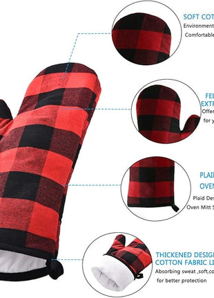 Oven Mitts and Potholders BBQ Gloves-Oven Mitts and Pot Holders with Recycled Infill Silicone Non-Slip Cooking Gloves for Cooking Baking Grilling (4-Piece Set) (Black/Red)