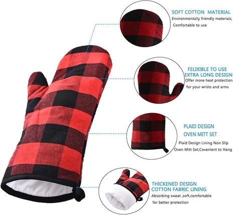 Oven Mitts and Potholders BBQ Gloves-Oven Mitts and Pot Holders with Recycled Infill Silicone Non-Slip Cooking Gloves for Cooking Baking Grilling (4-Piece Set) (Black/Red)