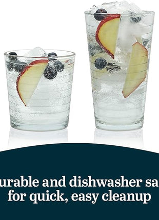 Libbey Hoops Tumbler and Rock Glass Set, Two Sized Nostalgic Retro Glass Cups Set, Dishwasher Safe Glasses Drinking Set of 16 for Any Occasion