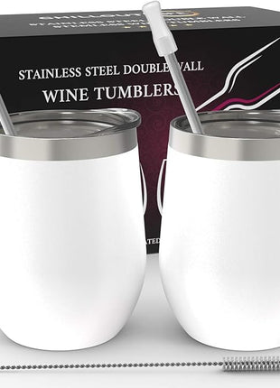 CHILLOUT LIFE 12 oz Stainless Steel Wine Tumblers 2 Pack - Double Wall Vacuum Insulated Wine Glasses Cups with Lids and Straws Set Keeping Cold & Hot for Coffee, Beer, Ice Cream - Powder Coated White