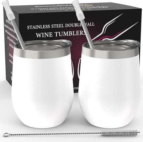 CHILLOUT LIFE 12 oz Stainless Steel Wine Tumblers 2 Pack - Double Wall Vacuum Insulated Wine Glasses Cups with Lids and Straws Set Keeping Cold & Hot for Coffee, Beer, Ice Cream - Powder Coated White