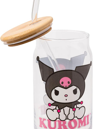 Silver Buffalo Sanrio Hello Kitty and Friends Kuromi 2 Pack Glass Jar Tumbler with Bamboo Lid and Glass Straw, 16 Ounces