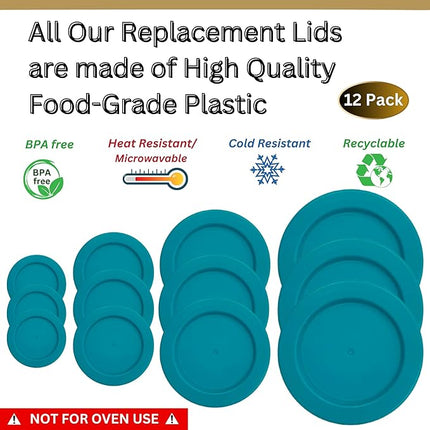 1, 2, 4 & 7 Cup Turquoise Replacement Lids/Covers for Pyrex, Anchor Hocking & KlareWare Storage Bowls *Lids Only Glass Container Not Included* (12 Pack *Three of Each Size*)