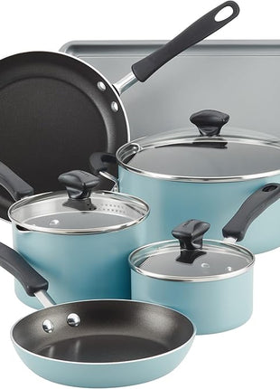 Farberware Cookstart DiamondMax Nonstick Cookware/Pots and Pans Set, Dishwasher Safe, Includes Baking Pan and Cooking Tools, 15 Piece - Aqua