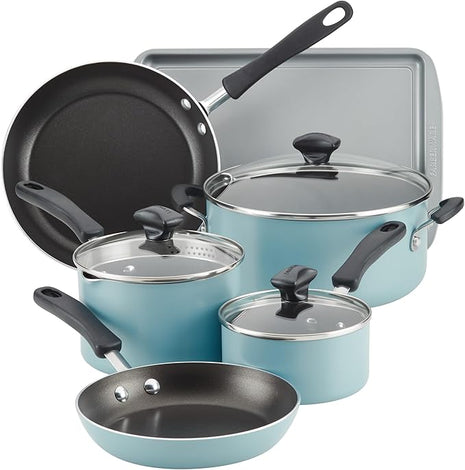 Farberware Cookstart DiamondMax Nonstick Cookware/Pots and Pans Set, Dishwasher Safe, Includes Baking Pan and Cooking Tools, 15 Piece - Aqua