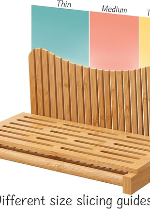 Large Bamboo Bread Slicer with Serrated Knife, Adjustable Bread Slicer Guide with 3 Thickness Size, Foldable Compact Chopping Cutting Board with Crumb Tray (Extra A - with Knife)