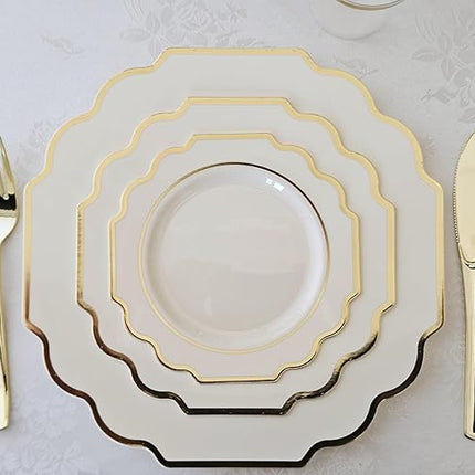" OCCASIONS " 120 Plates Pack,(60 Guests) Heavyweight Wedding Party Disposable Plastic Plates Set -60 x 10.5'' Dinner + 60 x 8'' Salad/Dessert Plate (Imperial Ivory & Gold)