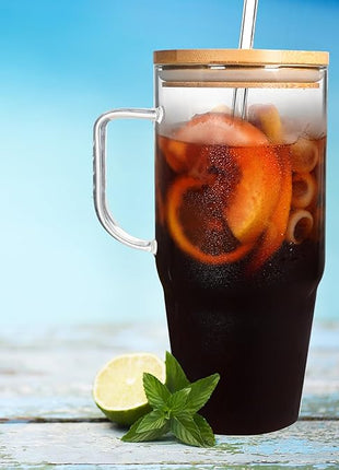 ANOTION Glass Cups with Lids and Straws - 40 Oz Tumbler with Handle and Straw Glass Water Bottles Drinking Glasses with Straws Iced Coffee Cups Travel Coffee Mug Smoothie Tumbler