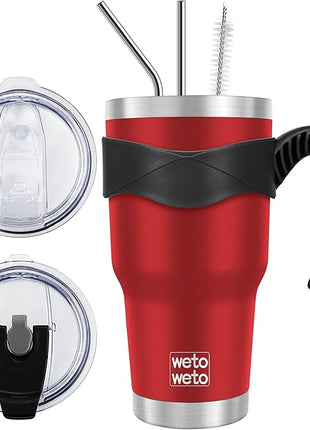 WETOWETO 30oz Insulated Tumbler With 2 Lids and 2 Straws, Stainless Steel Double Vacuum Coffee Tumbler Cup with handle, Powder Coated Travel Mug for Office, Travel(Harvest Red, 1 Pack)